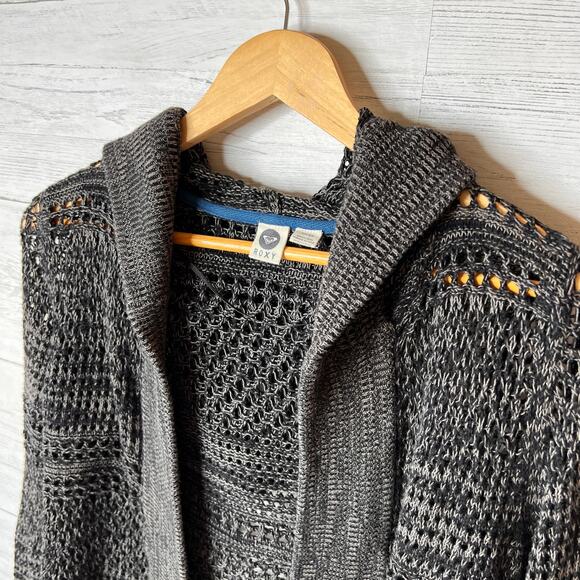 Roxy Sweater Womens Size Small Dark Gray Marled Open Knit Hoodie Cardigan - Picture 8 of 12
